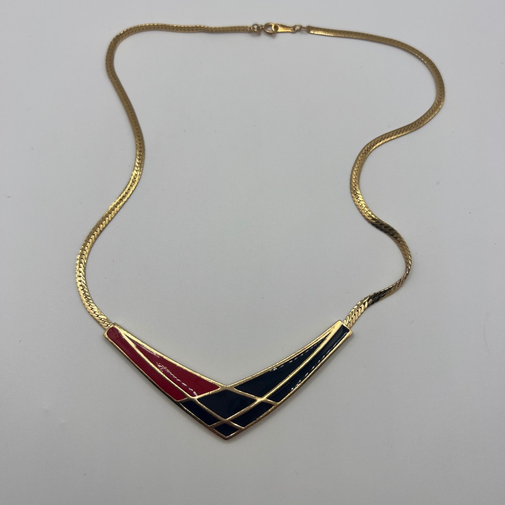 Vintage Avon Gold Tone Red Black Enamel Chevron Herringbone Chain Necklace 18"